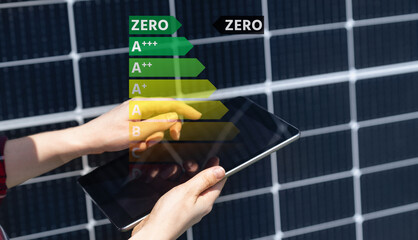 Renewable energy sources with energy label. Arrow points to Zero. Zero emission concept.