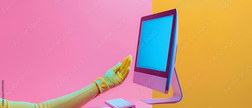 Poster a human hand holding a computer against a solid color backdrop with copy space
