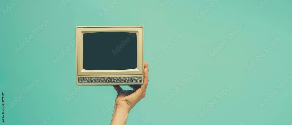 Poster a human hand holding a computer against a solid color backdrop with copy space