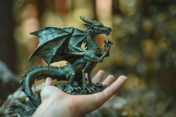 Fototapeta premium A human hand holding a dragon figurine with an ancient mystical forest background, evoking a sense of wonder with a blurred backdrop
