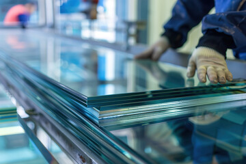 Workers inspecting glass sheets for windows,  manufacturing process in factory.