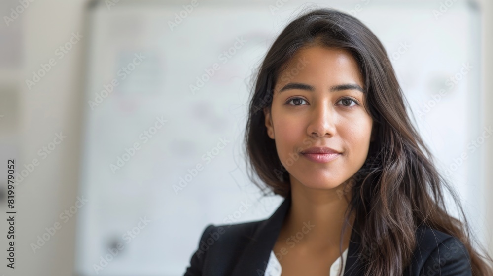 Sticker Young woman with long dark hair wearing a black blazer posing with a slight smile against a whiteboard with writing in the background.