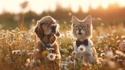 Dog and cat in formal attire with glasses, standing on a city street, busy background