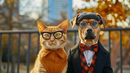 Dog and cat dressed formally with glasses, standing on a bridge, city park background