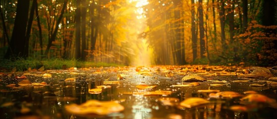 Naklejka premium Forest path with wet ground and yellow leaves, surrounded by green foliage and tall trees, glistening leaves, softly blurred background for serene atmosphere