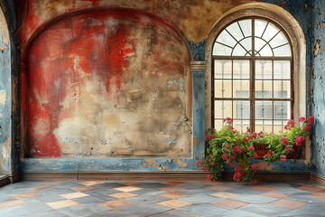Grunge background: red washed painted, wooden worn floor and window with geranium flowers in empty room in a house in decay