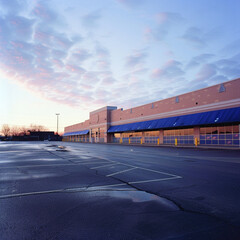 The parking lot in front of the shopping center is empty.
