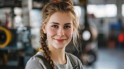 Young woman with blonde hair and blue eyes smiling wearing a gray shirt with suspenders standing in a workshop with blurred machinery in the background.