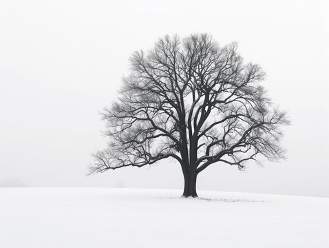 A minimalist winter landscape featuring an isolated, large tree with no leaves against the backdrop of white snow and fog. The composition focuses on the stark contrast between nature's elements and t