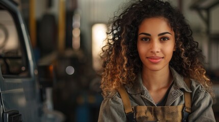 Fototapeta premium Young woman with curly hair wearing a denim jacket and suspenders standing in a workshop with a blurred background featuring a truck.