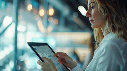 a professional woman analyzing real-time data on her tablet, while her team conducts a brainstorming session, symbolizing dynamic teamwork and data-driven business environment.