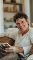 A man with curly hair smiling at the camera sitting comfortably on a couch holding a photo album in a cozy living room setting.