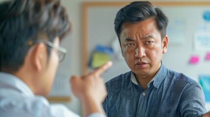 Obraz premium A man in a blue shirt with a serious expression engaged in a conversation with another man who is gesturing with his hand.