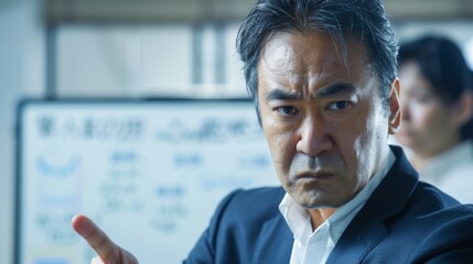 Determined businessman pointing at whiteboard with critical expression.