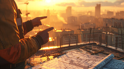 Fototapeta premium close-up details of workers hands pointing at a blueprint on a rooftop, the early sunlight casting long shadows, and a soft-focus urban landscape in the distance.