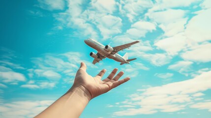Obraz premium A human hand holding an airplane in a clear blue sky with clouds, evoking a sense of travel with a blurred backdrop