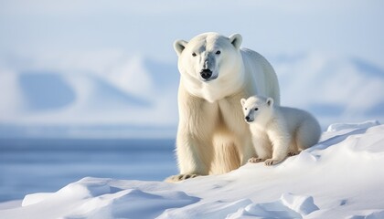 Polar bears walks in extreme winter weather, standing above snow with a view of the frost mountains