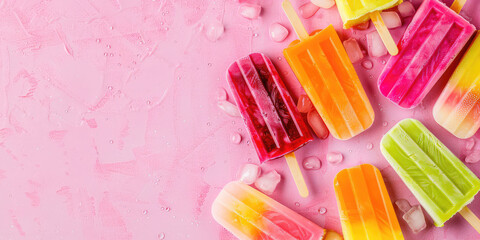 Different colorful summer popsicles on colored flat background with copy space. Banner template.