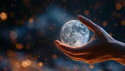A human hand holding the moon with a starry night sky, evoking a sense of mystery with a blurred backdrop