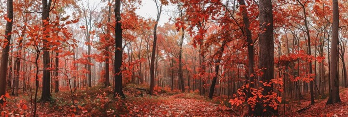 A panoramic view of a misty forest filled with bright red autumn leaves.