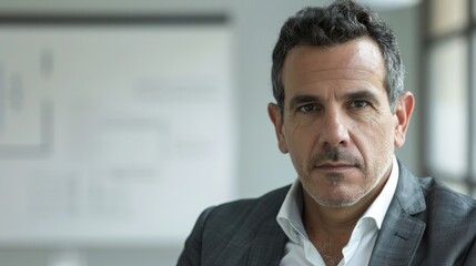 A man with a serious expression wearing a suit and tie sitting in an office with a blurred whiteboard in the background.