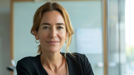 Fototapeta premium A woman with a warm smile wearing a black blazer and standing in front of a window with natural light.