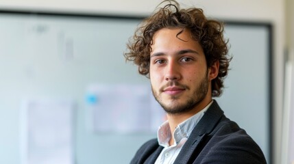 Fototapeta premium Young man with curly hair and beard wearing a dark suit and light shirt standing in front of a whiteboard with papers attached.