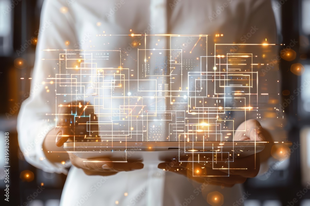 Poster a sketch illustration of a professional holding a tablet with a holographic interface showing docume
