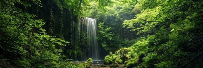 Lush green forest with a stunning waterfall cascading down rocks.