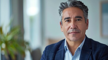 A man with graying hair wearing a blue suit sitting in an office with a blurred background looking directly at the camera with a slight smile.