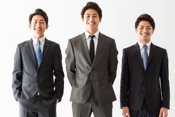 3人並んだ日本人の男性会社員のポートレート（白背景・サラリーマン・スーツ・仕事）