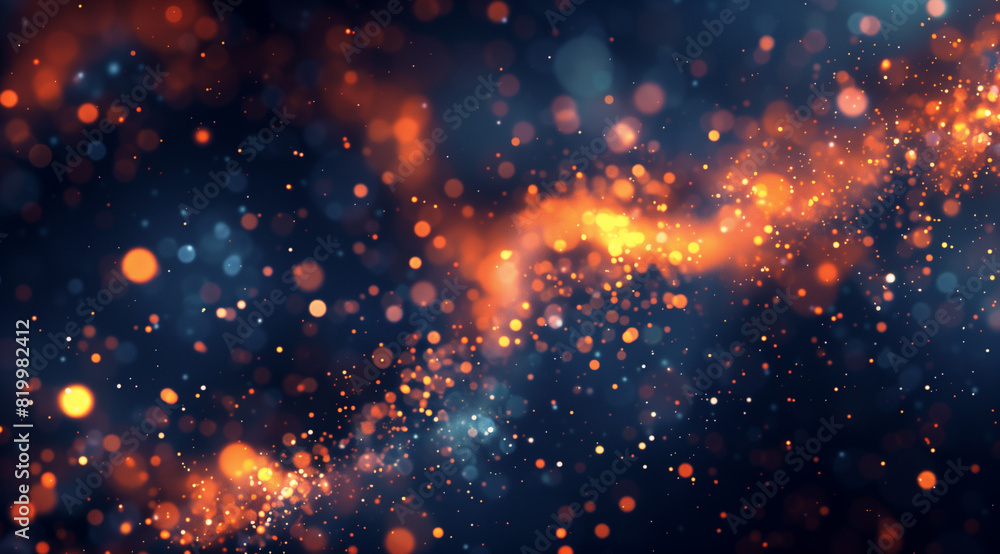 Wall mural A dark blue background with orange bokeh lights, creating an abstract and atmospheric wallpaper with glowing particles. The composition is dynamic, with the bright light of stars shining through the d