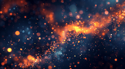 A dark blue background with orange bokeh lights, creating an abstract and atmospheric wallpaper with glowing particles. The composition is dynamic, with the bright light of stars shining through the d