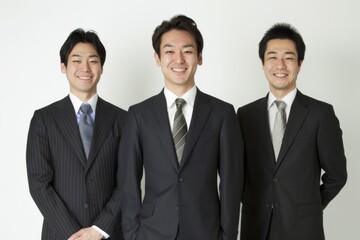 3人並んだ日本人の男性会社員のポートレート（白背景・サラリーマン・スーツ・仕事）