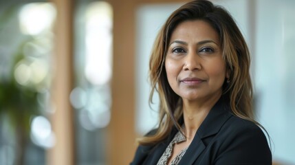 Fototapeta premium Professional woman with a confident expression wearing a black blazer and a patterned shirt standing in an office setting with blurred windows in the background.