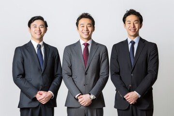 3人並んだ日本人の男性会社員のポートレート（白背景・サラリーマン・スーツ・仕事）