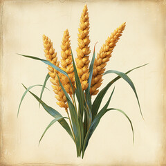 Bunch of golden wheat ears of cereal grain food, botanical illustration in vintage style on creamy background