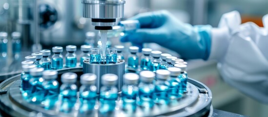 Automated Laboratory Equipment uses Vials with Samples for Medical Research and Testing in a cuttingedge facility. Blue liquid, precision, and innovation play key roles in the hightech process