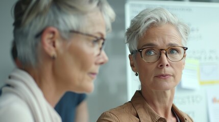 Two women with short gray hair wearing glasses engaged in a conversation in an office setting with a whiteboard in the background.