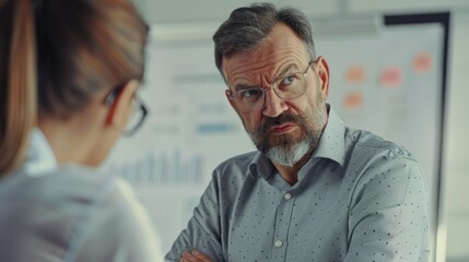 Man with beard and glasses wearing a polka dot shirt leaning forward with arms crossed looking intently ata woman with a concerned expression.