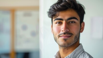 A young man with a beard and mustache smiling at the camera wearing a gray shirt with a blurred background that suggests an indoor setting.