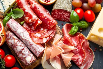 Gourmet Italian cured meat and cheese platter with fresh herbs
