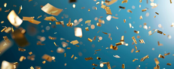 Shimmering gold confetti of various shapes and sizes falling gently against a deep blue background.