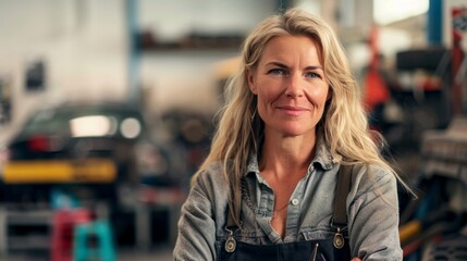 Fototapeta premium A woman with blonde hair wearing a denim shirt and suspenders smiling in a workshop with blurred tools and equipment in the background.