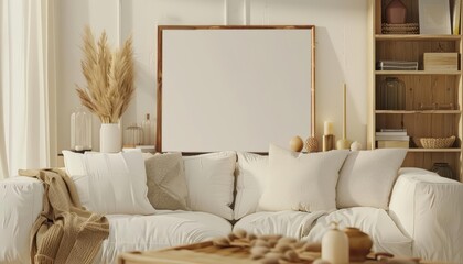 A stylish blank podium showcase in a living room setting with a white sofa and plush pillows The podium is in the center