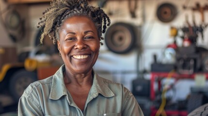 A smiling woman with braided hair wearing a green shirt standing in a garage with various tools and equipment in the background. - Powered by Adobe