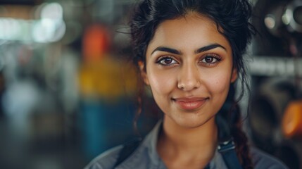 Obraz premium A young woman with dark hair and a warm smile wearing a gray top standing in a blurred industrial setting.