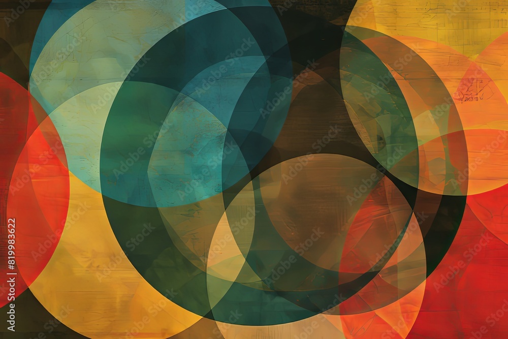 Poster an abstract painting featuring overlapping circles in various sizes on a warm brown background