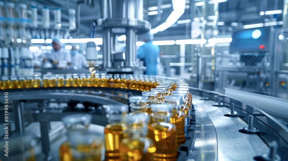 Poster see the hightech automated bottling line in a modern factory with advanced industrial technology. th