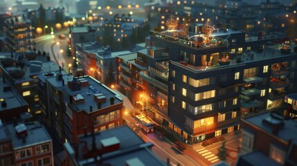 Miniature Cityscape with Illuminated Buildings and Green Rooftops